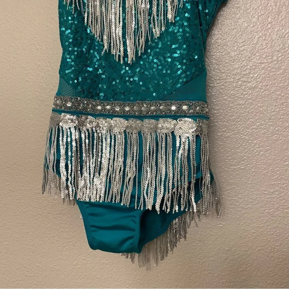 Glamour dance costume teal silver fringe contemporary Broadway embellished SA